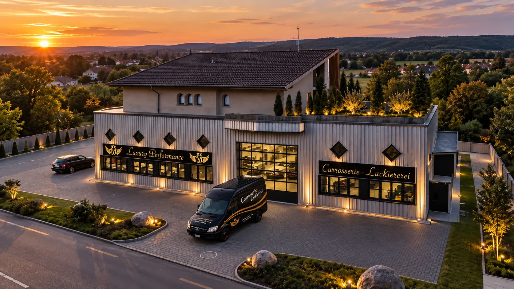 Luxury Performance Carrosserie und Lackiererei in Frauenfeld bei Sonnenuntergang